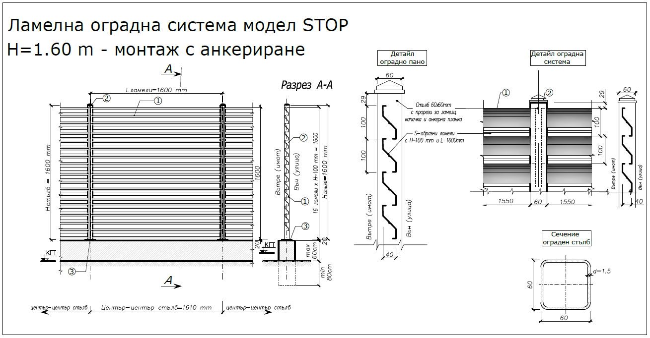 Ламелна оградна система STOP - чертеж Ламелна оградна система STOP - чертеж